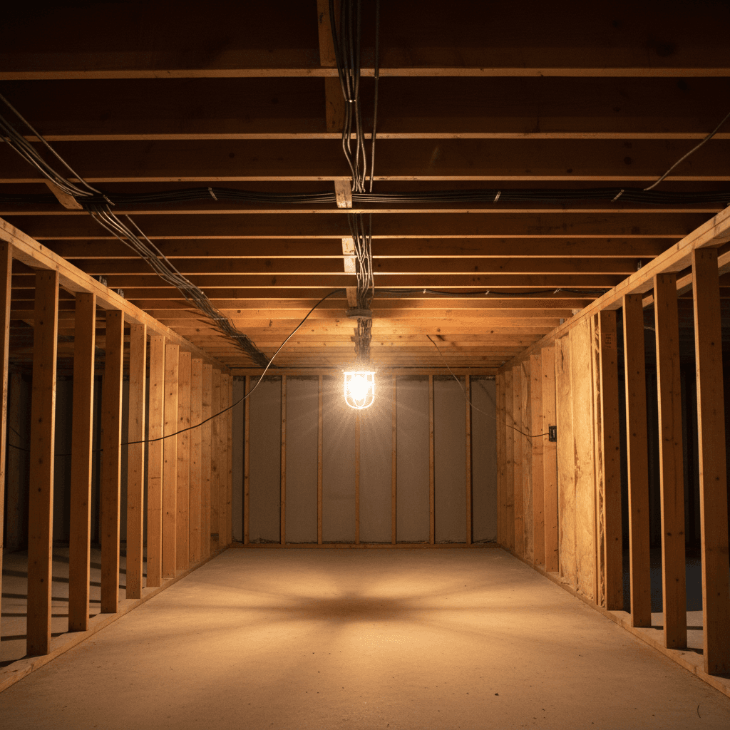 Neatly stapled wiring along basement ceiling joists